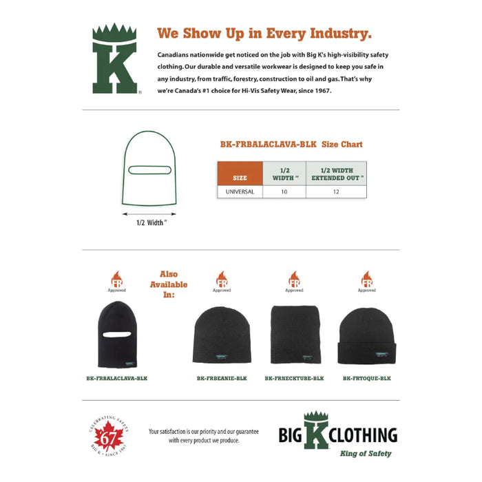 Big K Clothing® Flame Resistant One Hole Balaclava - Black - BKFRBALACLAVA
