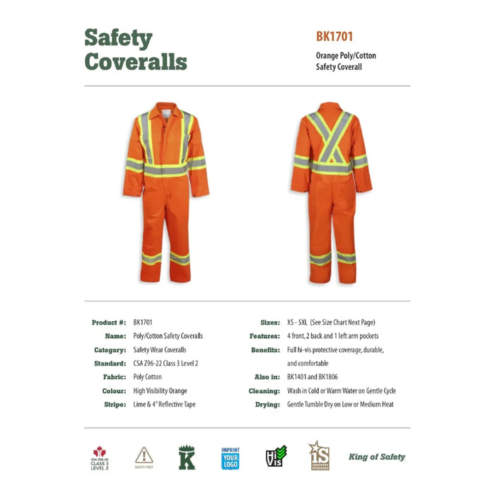 Big K Clothing® Hi Vis Traffic Safety Coverall - Orange - BK1701