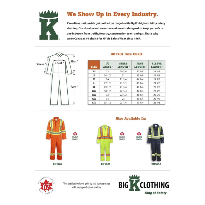 Big K Clothing® Hi Vis Traffic Safety Coverall - Orange - BK1701