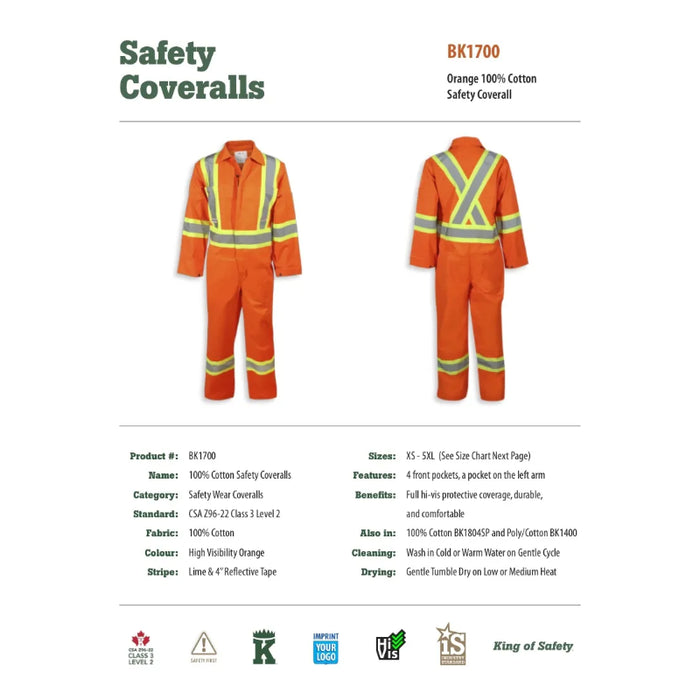 Big K Clothing® Hi Vis 100% Cotton Safety Coverall - Orange - BK1700