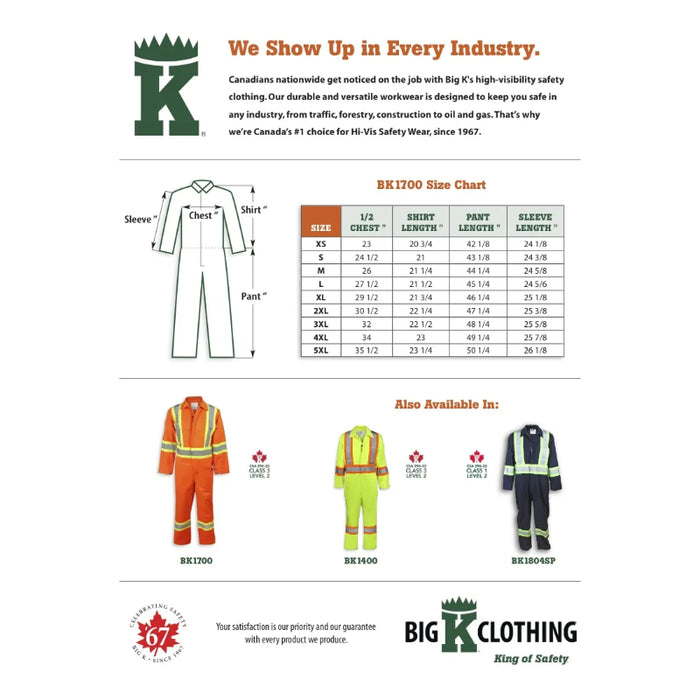 Big K Clothing® Hi Vis 100% Cotton Safety Coverall - Orange - BK1700