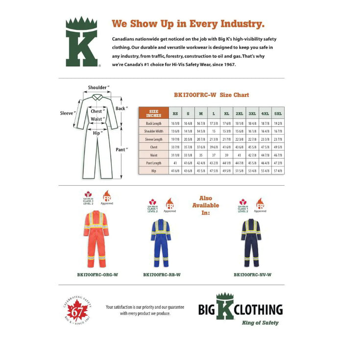 Big K Clothing® Hi Vis Fire Retardent 100% Cotton Safety Coverall - BK1700FRC