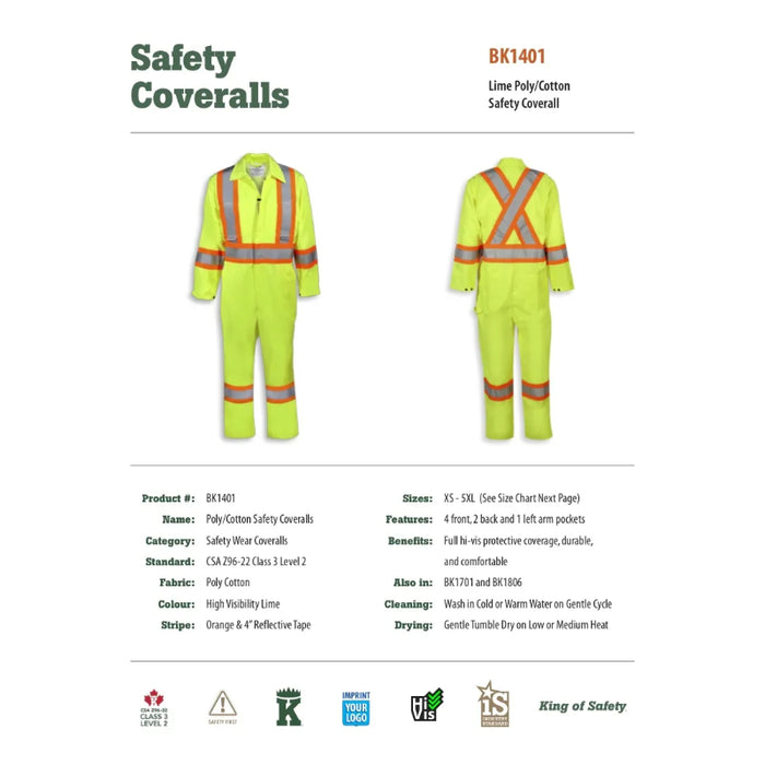 Big K Clothing® Hi Vis Traffic Safety Coverall- Yellow Lime - BK1401