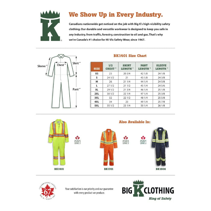 Big K Clothing® Hi Vis Traffic Safety Coverall- Yellow Lime - BK1401