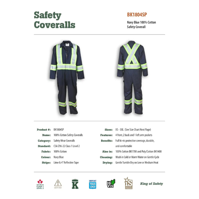 Big K Clothing® Hi Vis 100% Cotton Traffic Safety Coverall - Navy Blue - BK1804SP