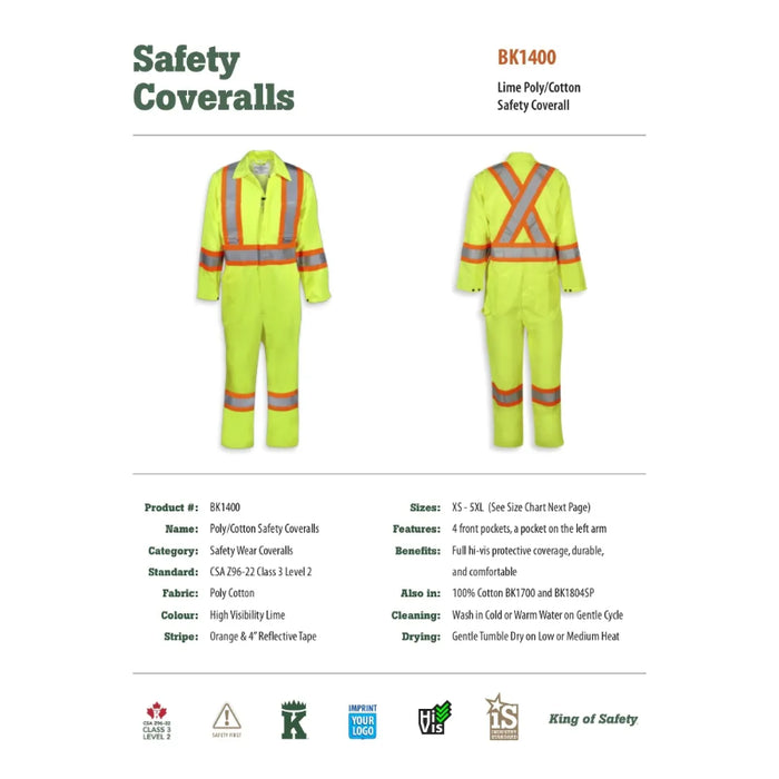 Big K Clothing® Hi Vis Poly/Cotton Safety Coverall - Yellow Lime - BK1400