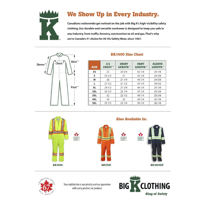 Big K Clothing® Hi Vis Poly/Cotton Safety Coverall - Yellow Lime - BK1400