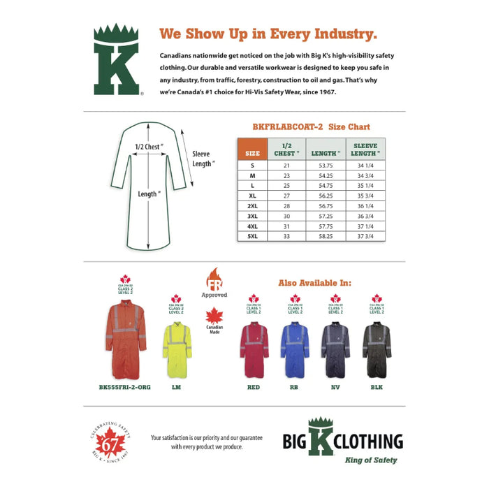 Big K Clothing® Hi Vis Reflective FR Safety Labcoat - CSA approved - BKFRLABCOAT-2