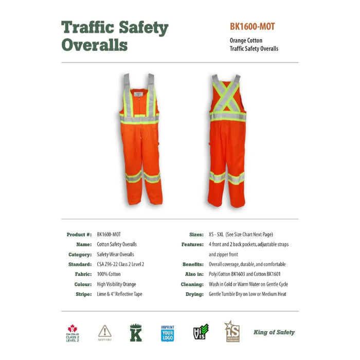 Big K Clothing® High Visibility 100% Cotton Safety Bib Overall - Orange - BK1600MOT