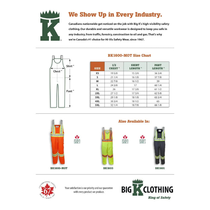 Big K Clothing® High Visibility 100% Cotton Safety Bib Overall - Orange - BK1600MOT