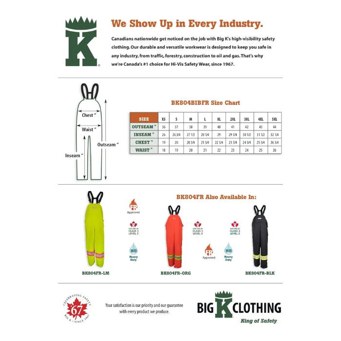 Big K Clothing® High Visibility FR Safety Waterproof Bib Pants - BK804BIBFR