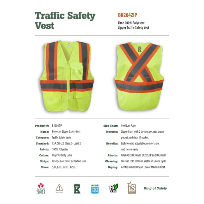 Big K Clothing® High Visibility 100% Polyester Zipper Front Safety Vest - Yellow Lime - BK204ZIP