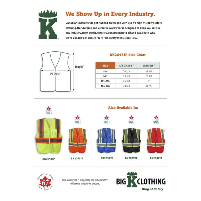 Big K Clothing® High Visibility 100% Polyester Zipper Front Safety Vest - Yellow Lime - BK204ZIP