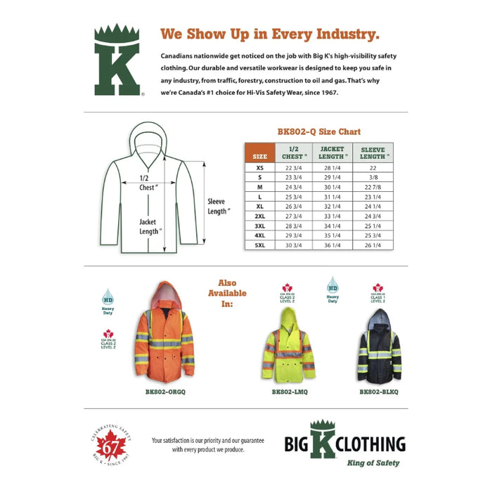Big K Clothing® High Visibility 300 Denier Polyester Quilted Safety Rain Jacket - BK802ORGQ
