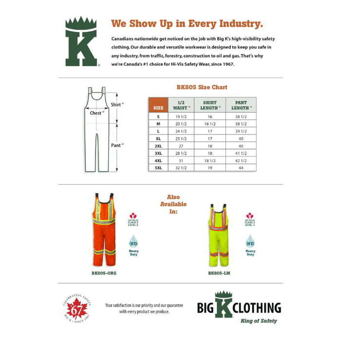 Big K Clothing® High Visibility Quilt Lined Bib Safety Rain Pant - BK805
