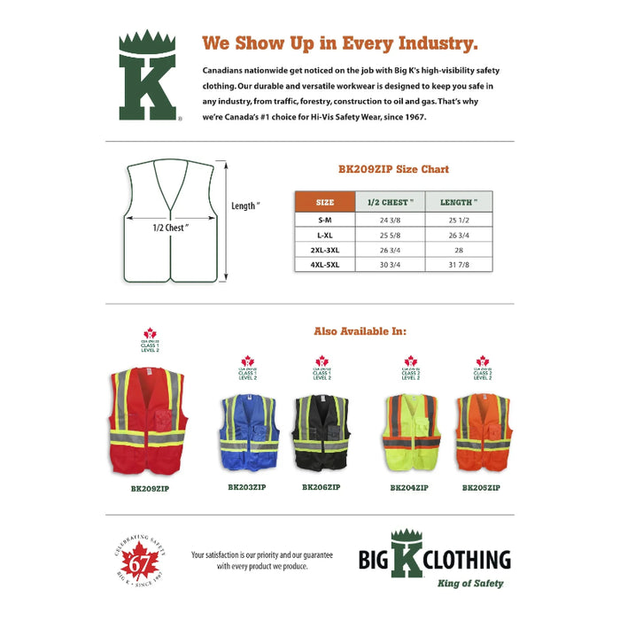Big K Clothing® High Visibility 100% Polyester Zipper Front Safety Vest - Red - BK209ZIP
