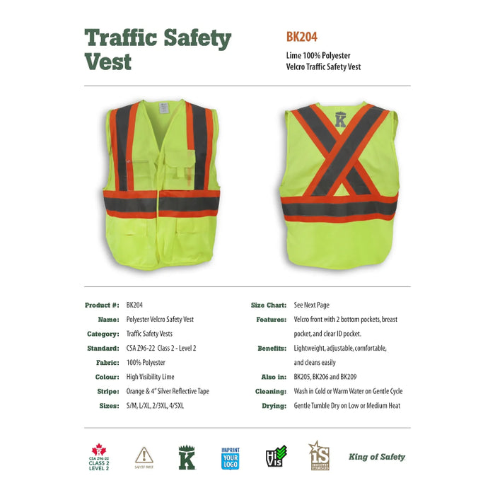 Big K Clothing® High Visibility 100% Polyester Adjustable Safety Vest - Yellow Lime - BK204