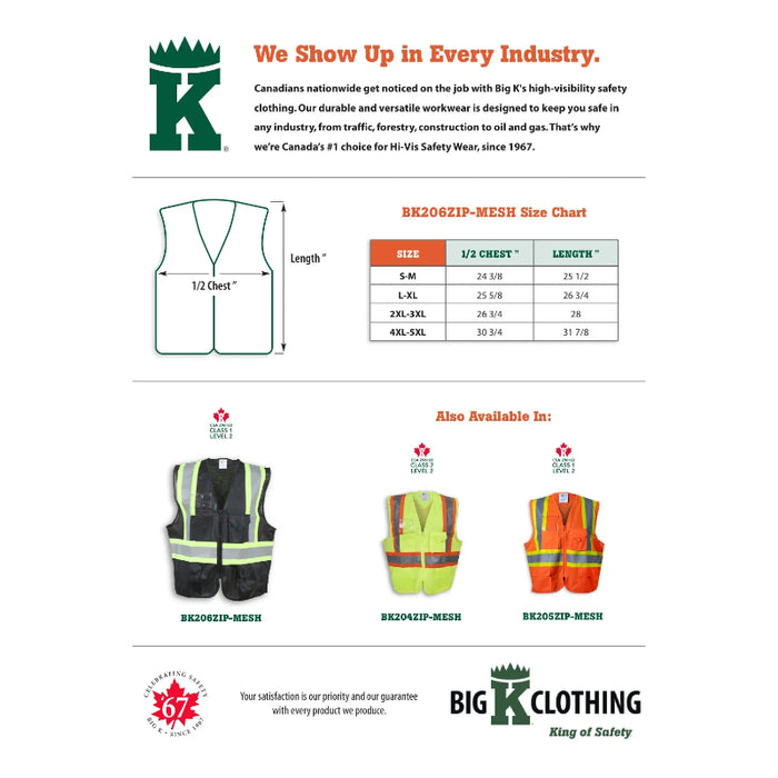 Big K Clothing® High Visibility 100% Polyester Mesh and Zipper Front Safety Vest - Black - BK206ZIP-MESH