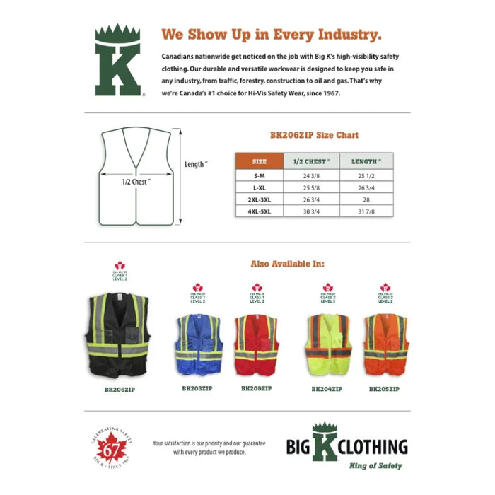 Big K Clothing® High Visibility 100% Polyester Zipper Front Safety Vest - Black - BK206ZIP