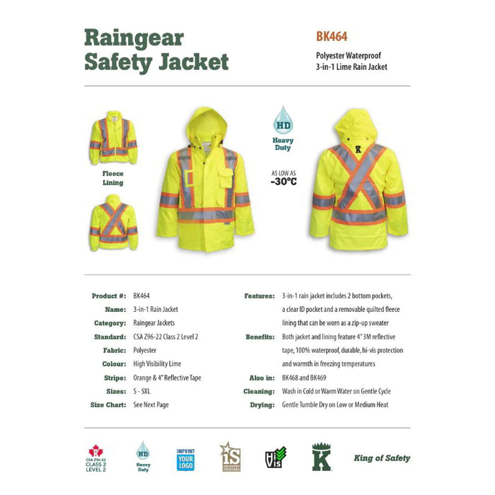 Big K Clothing® High Visibility 3-in-1 Safety Rain Jacket - Yellow Lime - BK464