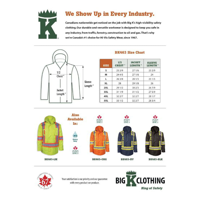 Big K Clothing® High Visibility 300 Denier Polyester Thinsulate Safety Rain Jacket - BK463