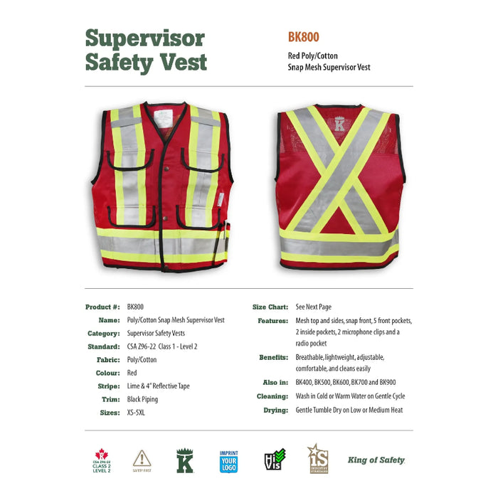 Big K Clothing® High Visibility Poly/Cotton Mesh Supervisor Safety Vest - Red - BK800