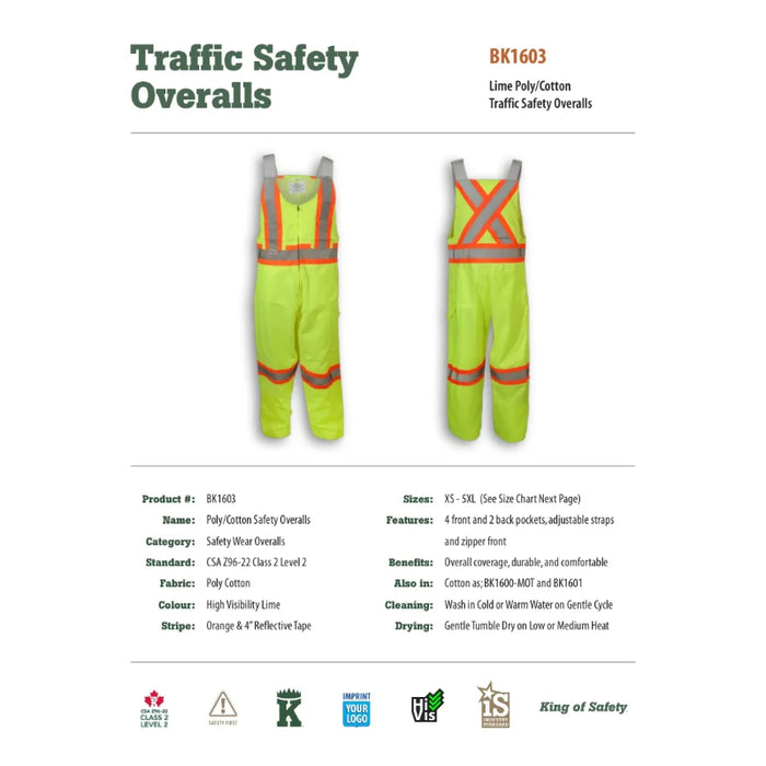 Big K Clothing® High Visibility Poly/Cotton Safety Bib Overall - Yellow Lime - BK1603