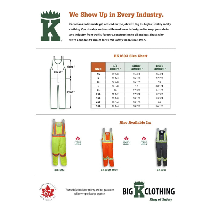 Big K Clothing® High Visibility Poly/Cotton Safety Bib Overall - Yellow Lime - BK1603