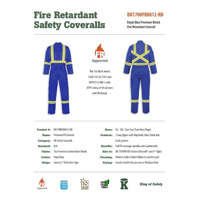 Big K Clothing® Premium Blend Fire Retardant Safety Coverall - Royal Blue - BK1700FR8812