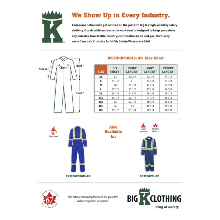 Big K Clothing® Premium Blend Fire Retardant Safety Coverall - Royal Blue - BK1700FR8812