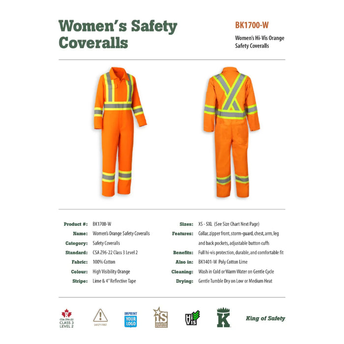 Big K Clothing® Woman’s Hi-Vis Cotton Safety Coveralls - Orange - BK1700-W
