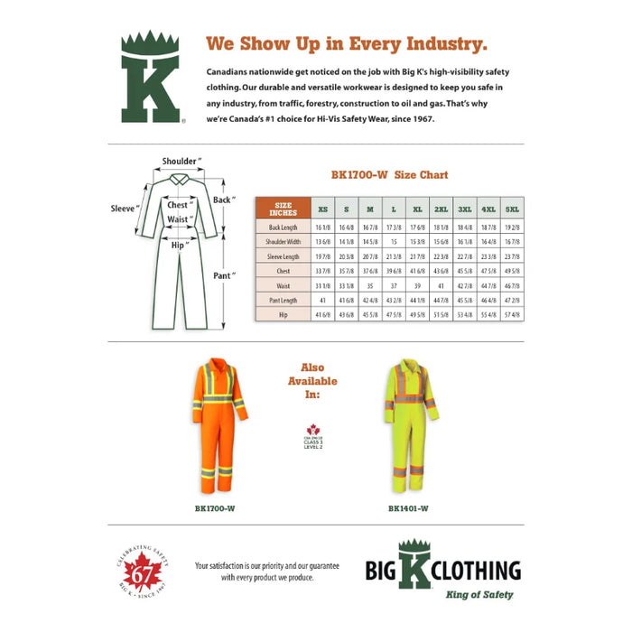 Big K Clothing® Woman’s Hi-Vis Cotton Safety Coveralls - Yellow Lime - BK1401-W