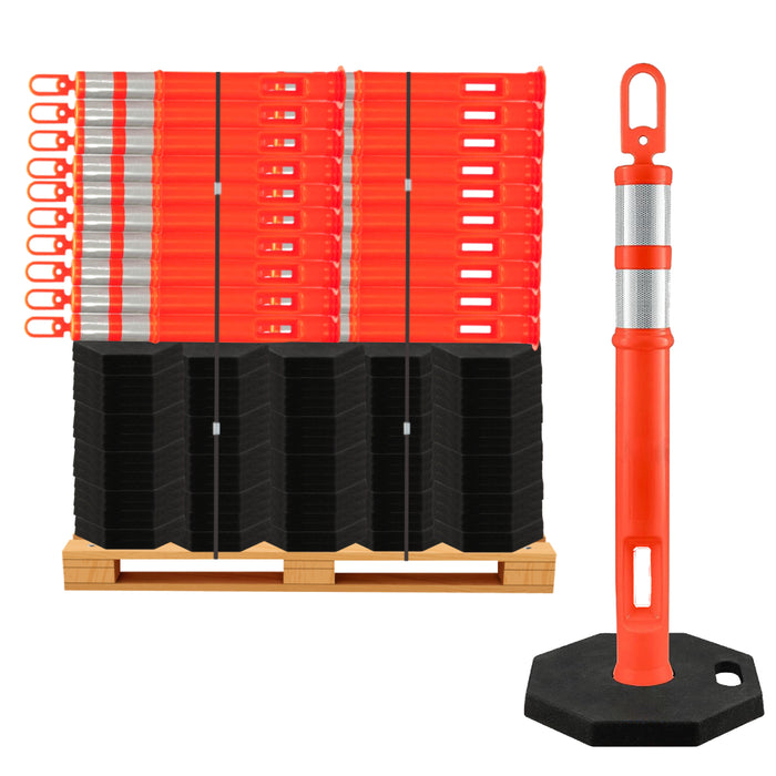 45" Traffic Safety Delineator Post and Base Kit - 3M Reflective Collars - Orange - Bulk Pallet