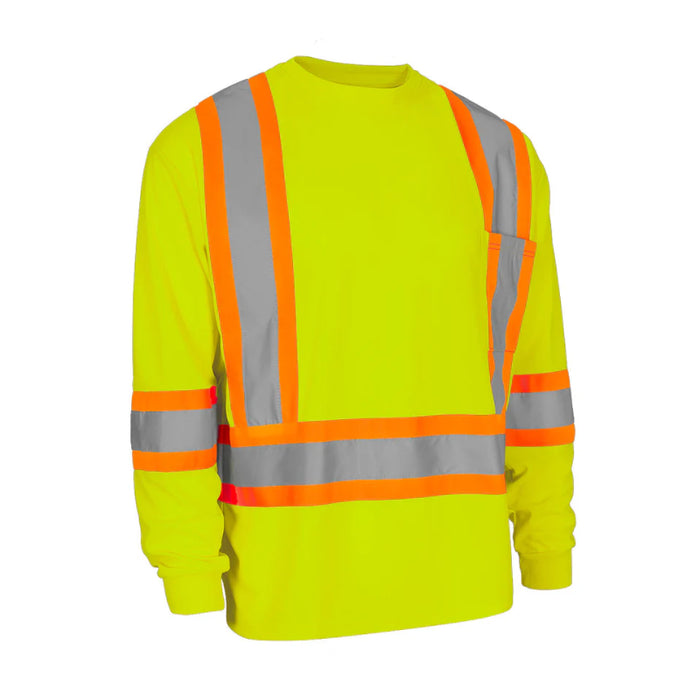 Forcefield® Hi Vis Crew Neck Long Sleeve Safety Tee Shirt with Chest Pocket - CBECSALS