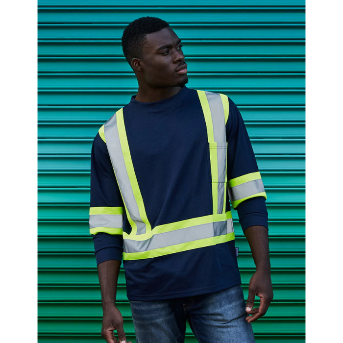 Forcefield® Hi Vis Crew Neck Long Sleeve Safety Tee Shirt with Chest Pocket - CBECSALS