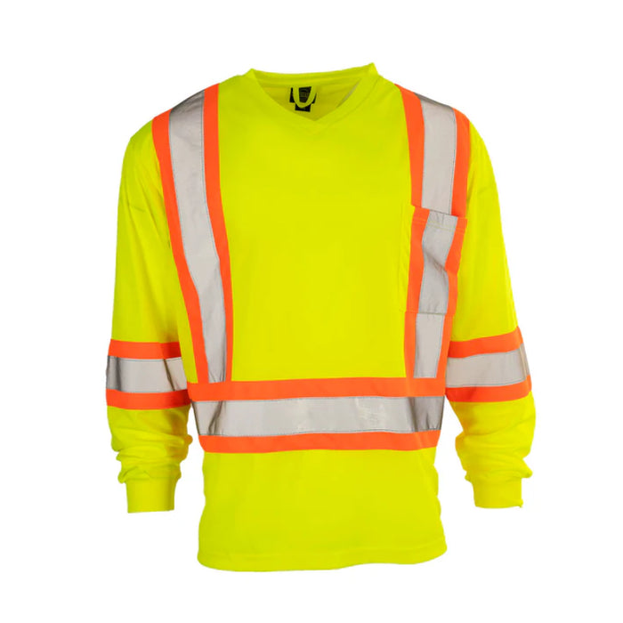 Forcefield® Hi Vis V-Neck Long Sleeve Safety Tee Shirt with Chest Pocket - BEPCSALS