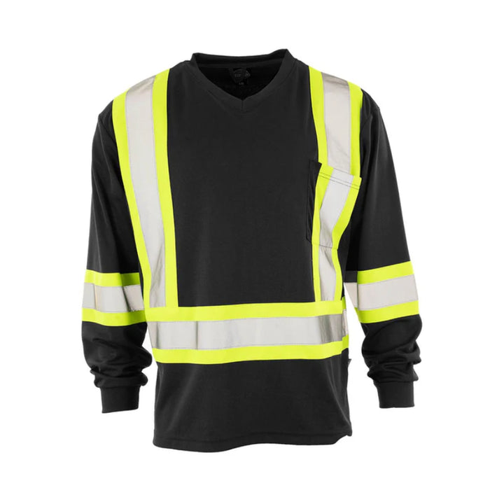 Forcefield® Hi Vis V-Neck Long Sleeve Safety Tee Shirt with Chest Pocket - BEPCSALS