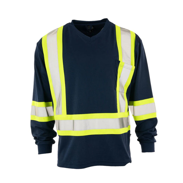 Forcefield® Hi Vis V-Neck Long Sleeve Safety Tee Shirt with Chest Pocket - BEPCSALS
