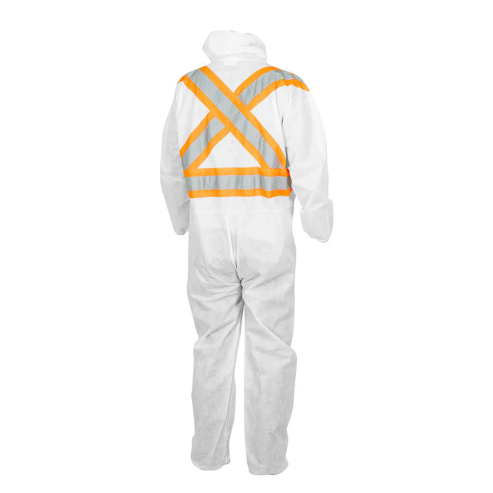 Forcefield® White Disposable SMS Coverall with Hood and Reflective Tape - SMSHV