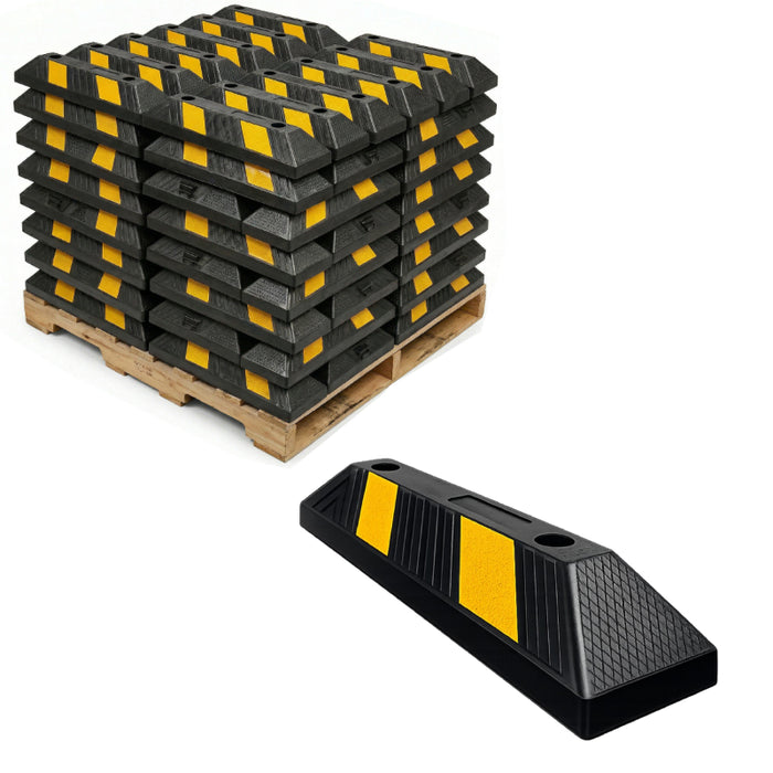 Garage Parking Curb Block - 20" Long Wheel Stop - Yellow / Black Striped Rubber - Bulk Pallet