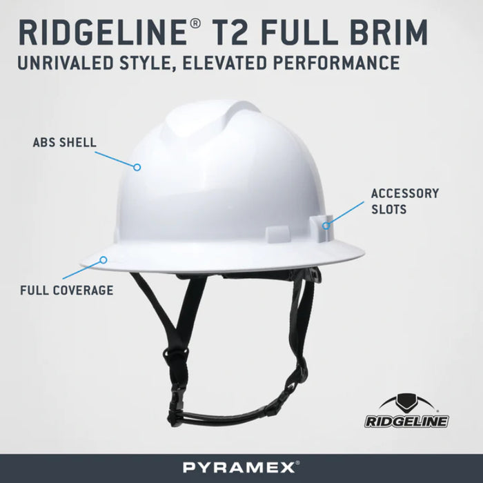 Pyramex® Ridgeline T2 Full Brim Hard Hat - 6-Point Ratchet Suspension - HPT256