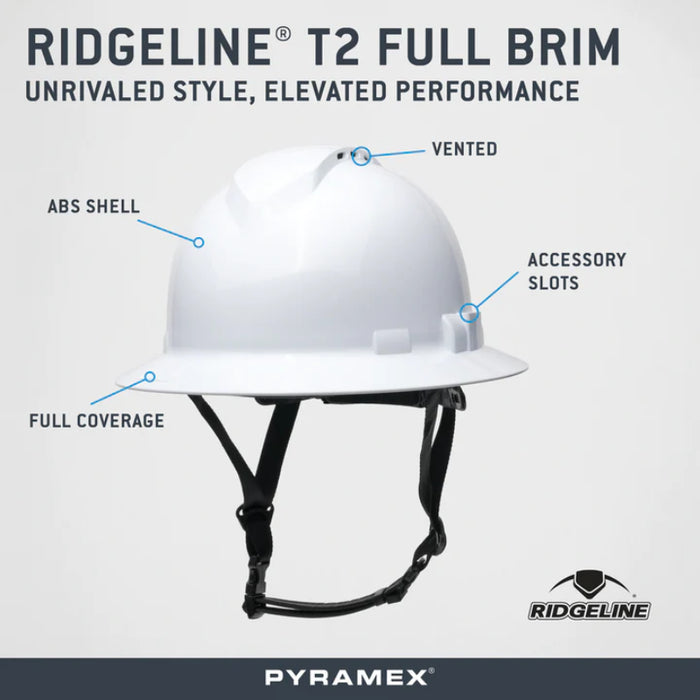 Pyramex® Ridgeline T2 Full Brim Hard Hat - 6-Point Ratchet Suspension - Vented -  HPT256