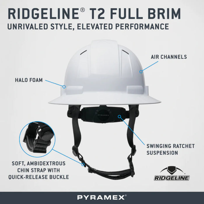 Pyramex® Ridgeline T2 Full Brim Hard Hat - 6-Point Ratchet Suspension - Vented -  HPT256