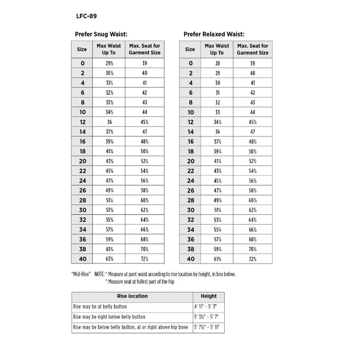 A sizing chart table for LFC-89 waist measurement, showing columns for Prefer Snug Waist and Prefer Relaxed Waist, with size numbers from 0 to 40 and max waist/seat measurements, plus a small inset diagram for rise location and height.
