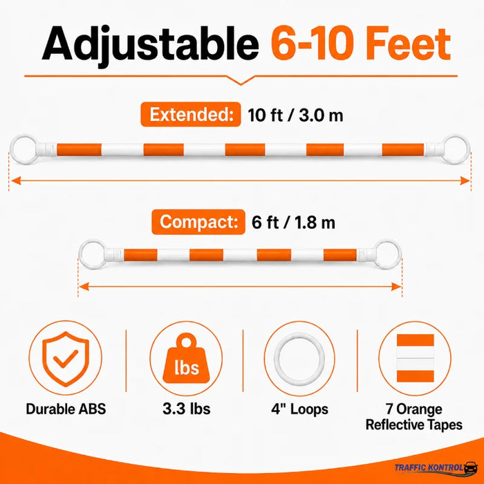 Retractable Traffic Cone Bar - 6' - 10' Feet Adjustable - Orange / White