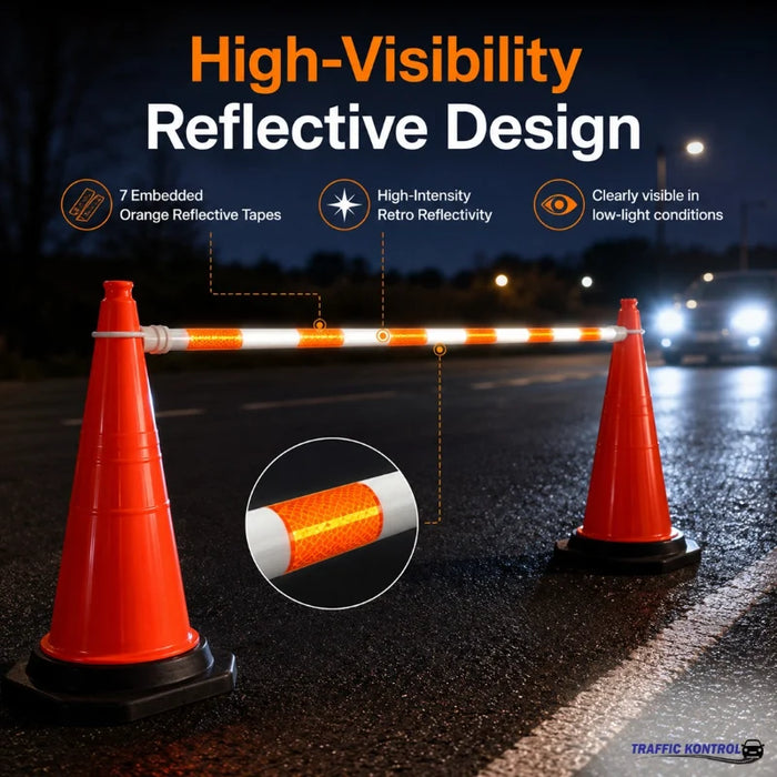 Retractable Traffic Cone Bar - 6' - 10' Feet Adjustable - Orange / White