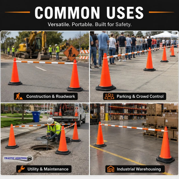 Retractable Traffic Cone Bar - 6' - 10' Feet Adjustable - Orange / White