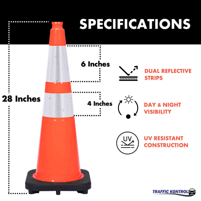 28" Traffic Safety Cone - 7 Lbs - Orange - 6" + 4" Inch Hi Intensity Reflective Collars