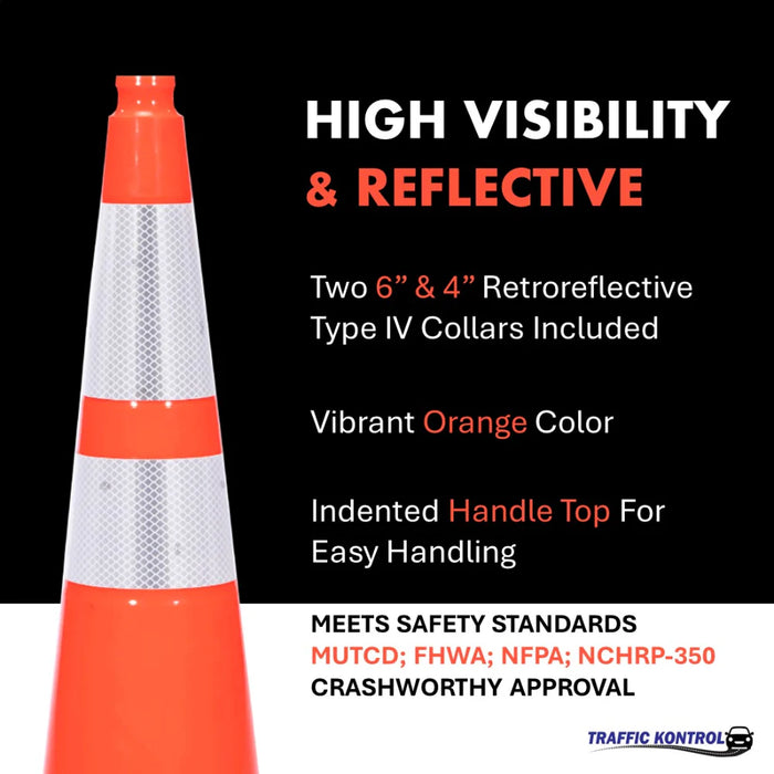 36" Traffic Cone - 12 Lbs - Safety Orange - 6" + 4" Inch Hi Intensity Reflective Collars