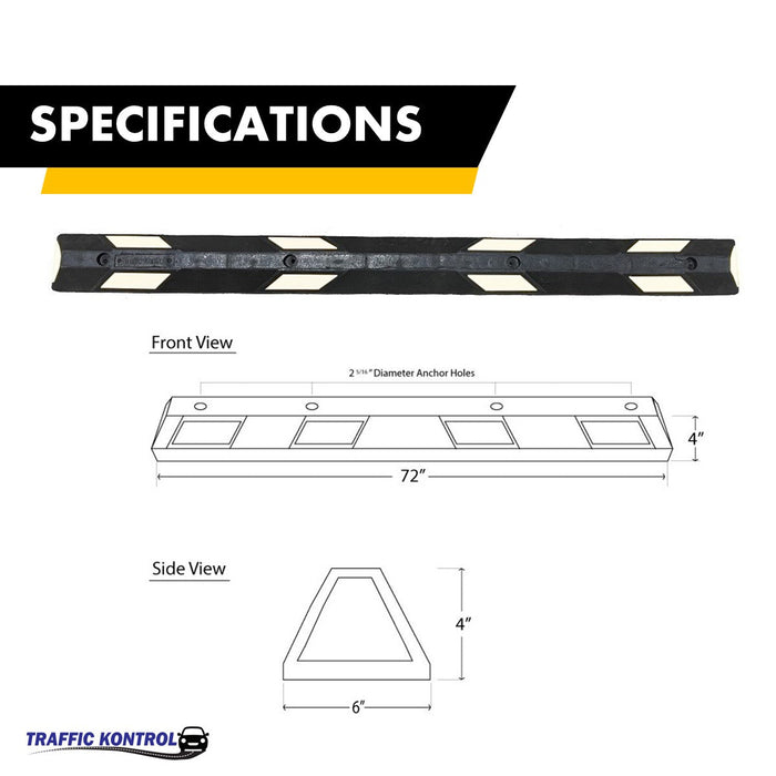 Parking Block - 6 Feet Long - Rubber Curb Wheel Stop - White Stripes